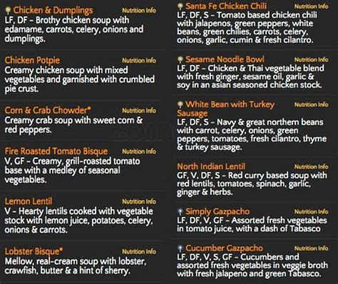 Their menu also features an array of delicious made-to-order salads and sandwiches. . Zoup menu